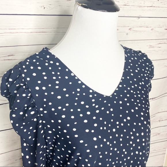 Carmen Marc Valvo Navy Blue & White Polka Dot Puff Sleeve Blouse Top Size Small - Picture 5 of 10